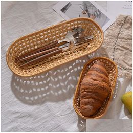 Storage Baskets Hand Woven Basket Rattan Tray Wicker Food Fruit Plate Decor Bread Picnic Kitchen Organiser Drop Delivery Home Garden H Dhkpm