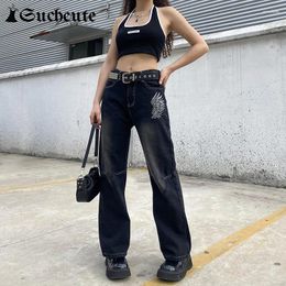 Women's Jeans SUCHCUTE Punk Women Hight Street Vintage Casual Gothic Print Mid Waist Dark Academia Denim Trousers Fashion Black Pants