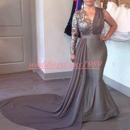 Trendy Mermaid Arabic Evening Dresses Gowns Sheer Sexy One Shoulder Long Sleeve Chiffon Applique Prom Formal Occasion Party Wear Pagean 314N