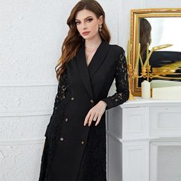 Casual Dresses High-end Quality Commuter Fashion Suit Skirt 2024 Autumn Stitching Lace Long-sleeved Double-breasted Maxi Dress For Women