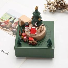Decorative Figurines Wooden Manual Hand Cranked Christmas Elk Train Rotating Music Boxes Year Birthday Gifts Home Decoration Ornaments