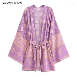 Women Purple Flower Print Kimono Shirt Holiday Tide Bow Sashes Mid Long Cardigan Loose Robe Beach Cape