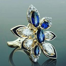 Cluster Rings Luxury Gold Color Flower Design Wedding Women Ring Hollow Out Double Layer White & Blue Cubic Zirconia Noble Female
