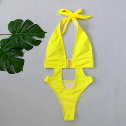 Women's Swimwear Sexy Yellow Halter Backless One Piece Swimsuit Women 2024 Hollow Out Monokini Buckle Design Bathing Suit Beachwear