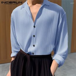 Men's Casual Shirts INCERUN Tops 2024 Handsome Knitted Solid Color Lapel Leisure Street Simple All-match Male Long Sleeved Blouse S-5XL