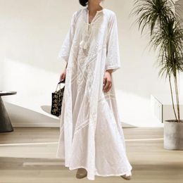 Casual Dresses Women Maxi Dress Boho Chic Floral Embroidered With Tassel Straps Vintage Inspired Vacation Beachwear For