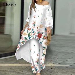 Women's Pants Fashion O Neck Mid Dress Suit Casual Floral Print Two-piece Set Sexy Off Shoulder Pullover Tops And Loose Outfits
