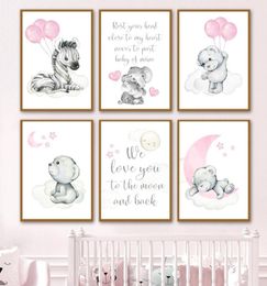 Paintings Baby Girl Room Decoration Pictures Elephant Zebra Teddy Bear Pink Nursery Cute Wall Art Canvas Painting Nordic Posters A6311098