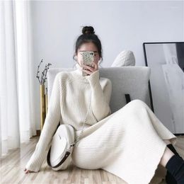 Casual Dresses Women's Korean High Neck Long Knit Dress Loose Over Knee Sweater Sleeve Wrap Hip Elegant Rib Slim Fit
