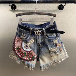 Women's Jeans Woman Sequins Embroidery Wide Leg Short Tassel Patch Denim Shorts Female Fashion Temperament Tide Trouser Q743