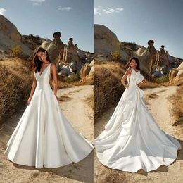 Beach Eddy K A Line Satin Dresses V Neck Desginer Back Boho Wedding Dress Bridal Gowns Vestido Country Robe De Marie Vestido