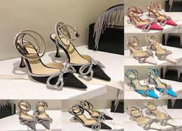 With box designer dress shoes luxury sandals Mach 100 Silk Satin Double Bow Crystal Pumps white pink blue wedding women high heels8298866