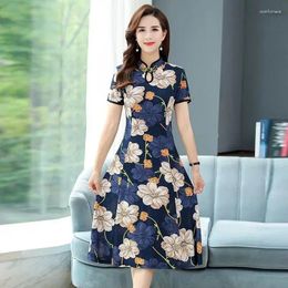 Party Dresses Improved Cheongsam Women's Short-sleeved 2024 Summer Style Plus Size Western Loose Mid-length Printed Dress