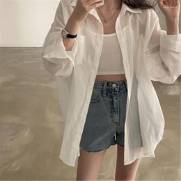 Women's Blouses Women Long Sleeve Sheer Solid Color Button Up Casual Loose Shirt 066C