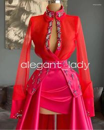 Party Dresses Organza Red Shirt Pink Satin Prom Gown Illusion Long Sleeve Crystal Beaded High Low Two Tone Evening Birthday