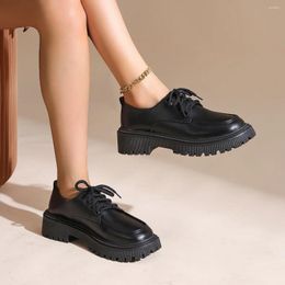 Casual Shoes Solid Black Leather For Women 2024 Spring Autumn Lace-up England Style Retro Fashion All-match Flat Platform