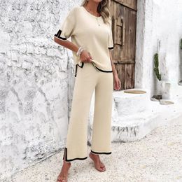 Women's Two Piece Pants TKNOLEGE Fashion Sets Womens Outifits For Spring Summer Temperament Casual Knitted Suit Five-quarter Sleeve