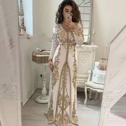 2023 Elegant Ivory Moroccan Kaftan Muslim Evening Dresses Long Sleeve Appliques Golden Lace Islamic Saudi Arabia Dubai Formal Party Gow 321S