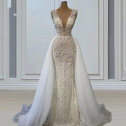 New Mermaid Wedding Dress 2204 For Brides V-neck Sleeveless Beads Lace Embroidery Detachable Train Bridal Gowns Vestido De Noivas