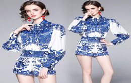 Whole Summer Runway 2pcs Womens Ladies Sets Vintage Floral Tiger Print Collar Long Sleeve Top Shirt Blouse Shorts Tracksuits O6481306