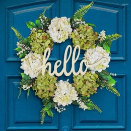 Decorative Flowers Hydrangea False Wreath Festive Hello Green White For Front Door Artificial Decoration Wall Hanging Round