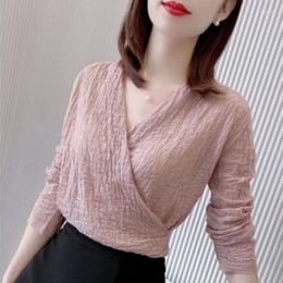 Women's Blouses Autumn V Neck Blouse Women Long Sleeve Chiffon Shirt Korean Fashion Simple White Top