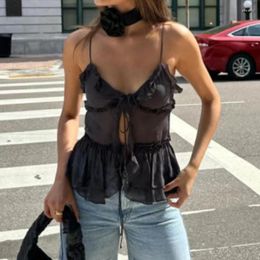 Women's Tanks Women V-Neck Front Tie Up Ruffles Camis Sexy Black Mesh See-Through Crop Tops 90s Vintage Holiday Backless Vest Summer Y2k