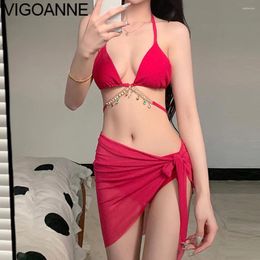 Women's Swimwear VigoAnne Sexy Red Closed 3 Piece High Waist Skirt Bikini Set Women 2024 Halter Push Up Swimsuit Blackless Beach Bathing