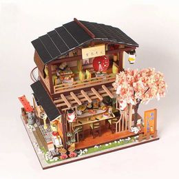 Doll House Accessories Diy Casa Wooden Doll House Miniature Building Kit Japanese Sushi Shop Dollhouse With Furniture Light Toys For Aldults Girls Gift Q240522