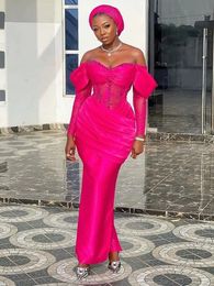 Fuchsia African Prom Dresses Sheath Full Length Off Shoulder Long Sleeves Lace Satin Corset Evening Gowns Back Slit Aso Ebi Birthday Party Special Occasion Dress