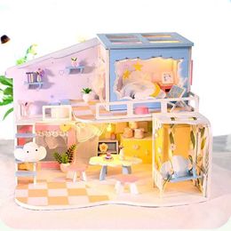 Doll House Accessories DIY Wooden Doll House Kawaii Princess House Miniature with Furniture Set Assembly Toys for Children and Girls Christmas Gift Casa Q240522