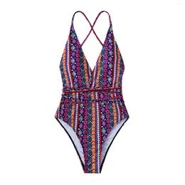 Women's Swimwear Sexy Strappy Bikini Set Vintage Bohemian Printed One-Piece Slim Fit High Waist Deep V Cross Lace-Up Swimsuit