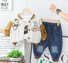 Clothing Sets First Birthday Outfits For Infant Baby Clothes Fall Boys Flannel Bear Baseball Jackets White Shirts Pants 3Pcs Set Kids