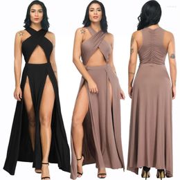 Casual Dresses Women Sexy Front Cross Maxi Dress Irregular Hollow Out Waist Back Ruched Leg Open Gown Party