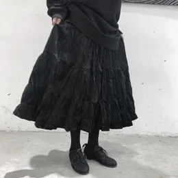 Skirts Gothic Lolita Midi Long Woman Maxi Elastic High Waist Black Skirt Spring Autumn Vintage Patchwork Femme Pleated