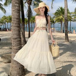Work Dresses Hanging Strap Two Piece Set Women Backless Hollow Vacation Skirts Beach Long Design Sense Suits