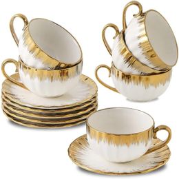 Cappuccino Cups with Saucers Ceramic Coffee Cup Gold Trim 6 oz for Double Espresso Latte Cafe Mocha TeaSet of 240510