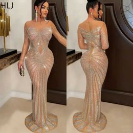 Basic Casual Dresses HLJ Fashion Luxury Water Diamond Mesh Perspective Evening Dress Womens Round Neck Long Sleeve Spliced Work Floor Dress Tank Top J240523