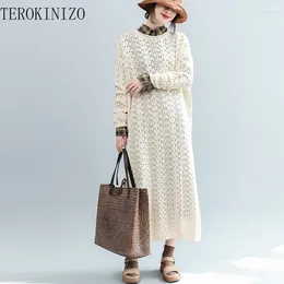 Casual Dresses TEROKINIZO Japan Style Knitted Dress Women Solid Color Loose Simple Hollow Out Female O-neck Long Sleeve Robe Femme