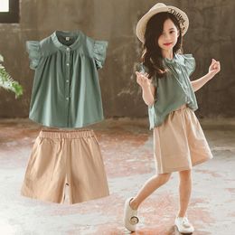 2023 new teenager Summer Kids Girls clothes Flying Sleeve blouse Shirt + short Leisure loose Pants teens 7 8 9 11 12 13 14 years L2405