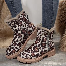 Boots Women's Shoes 2024 Zipper Winter Round Toe Mixed Colours Flock Leopard Print Short Barrel Low-heeled Snow