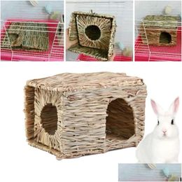 Small Animal Supplies Cages Foldable Woven Rabbit Pets Hamster Guinea Pig Bunny Grass Chew Toy Mat House Bed Nests For Accessories Dro Dh7Hs