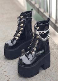 Women Gothic Ankle Boots Zip Punk Style Platform Shoes Goth Winter Laceup Booties Chunky Heel Sexy Chain Drop 2012154982084