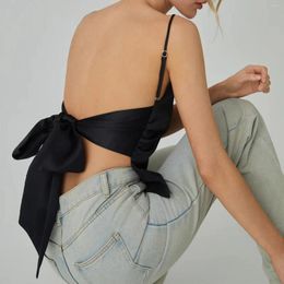 Women's Tanks Y2K Crop Tops Summer Fashion Cami Black Sleeveless Open Back Bow Tie Up Vest Vintage Streetwear