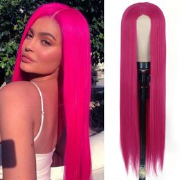 Peach Long Straight Red Pink Natural Hairline Wig For Fashion Ladies Heat Resistant Synthetic lace Wigs cosplay glueless wig 240515