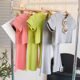 Clothing Sets Spring Summer Kids 2Pcs Clothes Short Sleeve Blouse With Pants Girl Solid Fashion Casual Outing Suit Children Sport Outfits