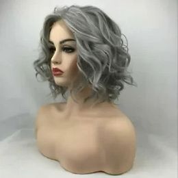 Women Shoulder Length T Part Lace Front Wigs Synthetic Curly Wig Wavy Grey Short 240515