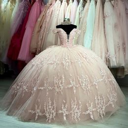 Sparkly Light Pink Quinceanera Dress Ball Gown Off The Shoulder Appliques Lace Tull Sequins Sweet 15 16 Dress Vestido De 15 Anos