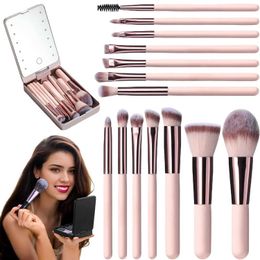 Makeup Brushes LED mirror makeup brush set with 14 travel makeup brush sets Basic powder concealer eye shadow makeup set Portable travel makeup mirror Q240522