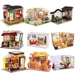 Doll House Accessories No original box cleaning DIY wooden doll house mini building kit desert store Casa Flower Villa doll house assembly toy Q240522